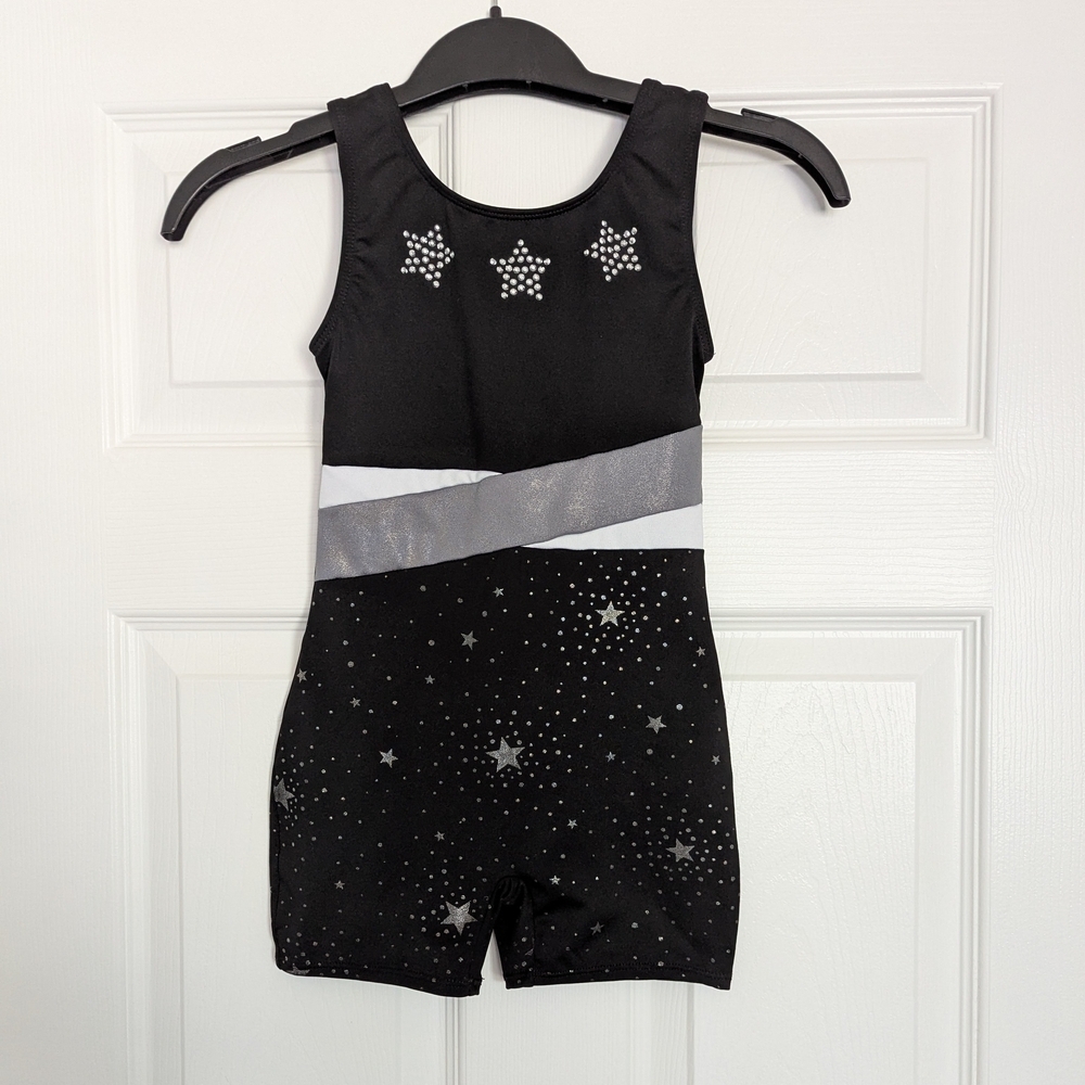 More Than Magic Black Leotard with Silver Accents Size 6/6X